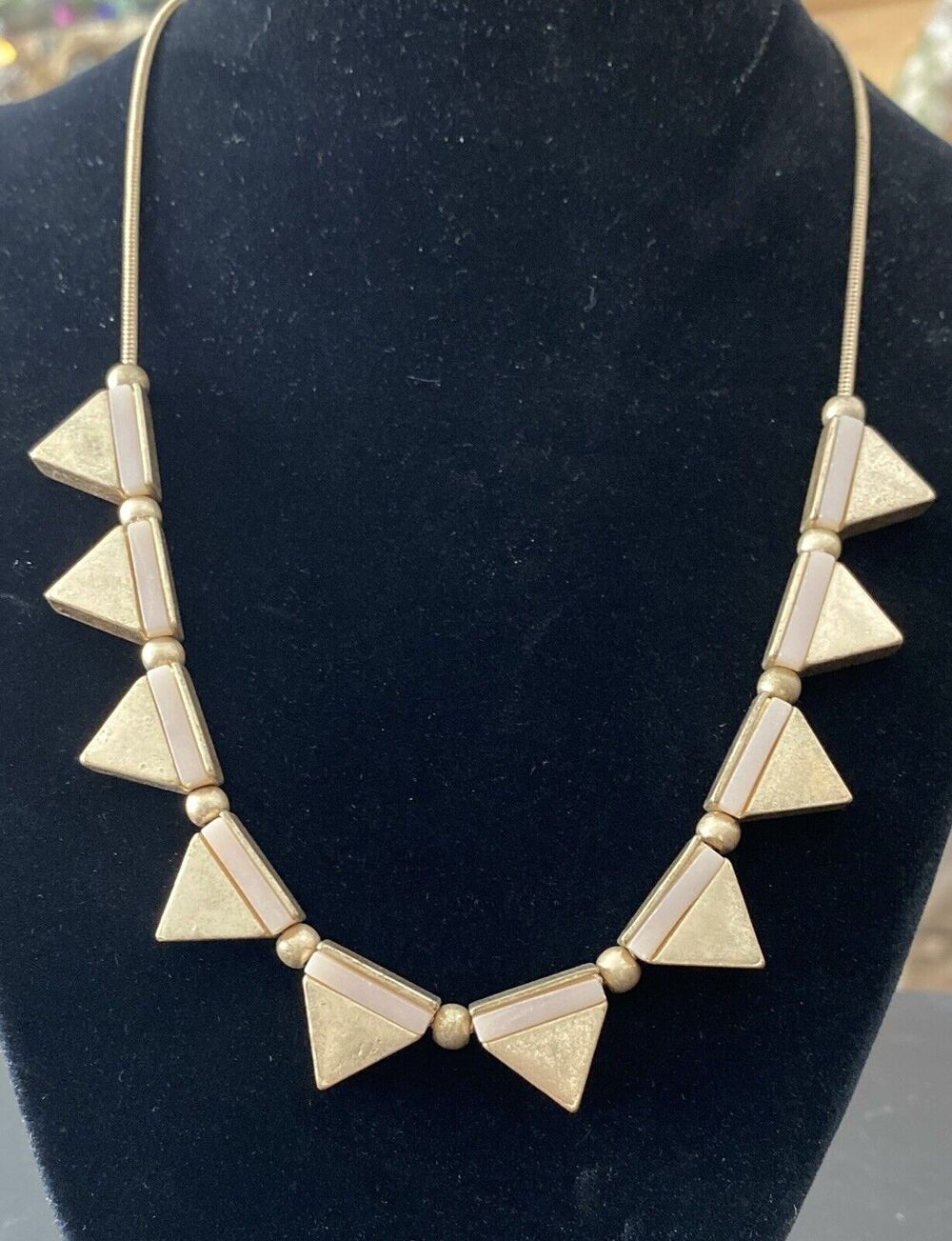 Gold Triangular Shaped Semi-precious Rose Quartz Inlay Necklace 16” 4” Extender